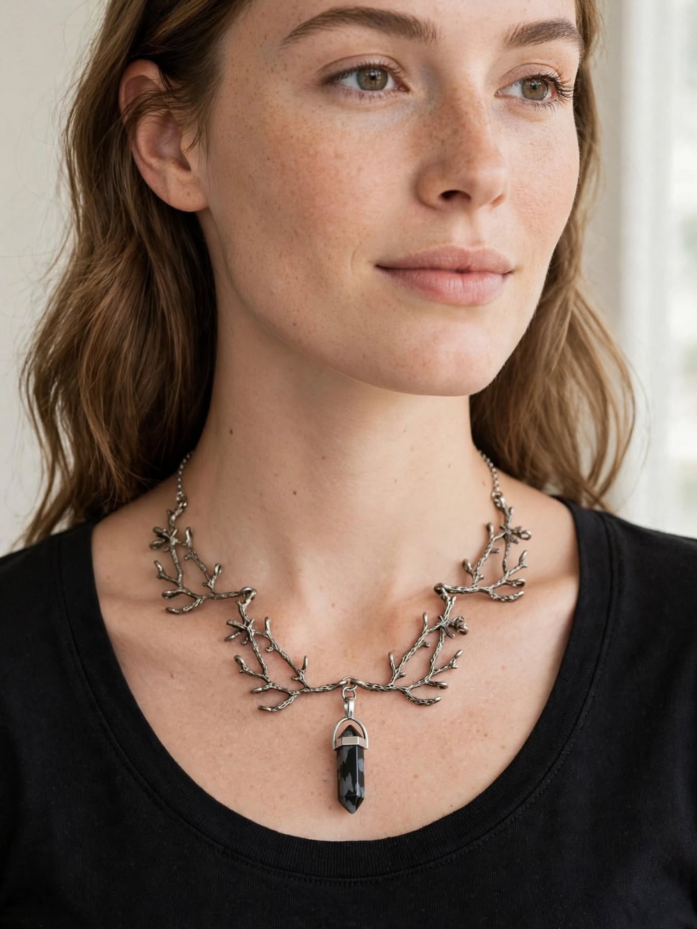Silver Branch Antler Statement Bib Necklace + Snowflake Obsidian Crystal Point
